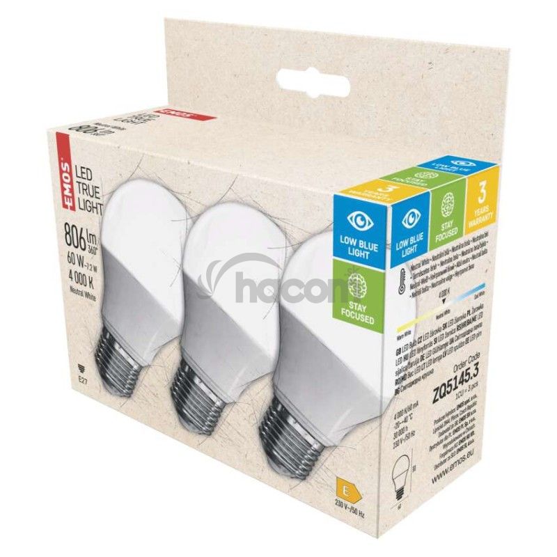 LED žiarovka True Light A60 / E27 / 7,2 W (60 W) / 806 lm / neutrálna biela 3ks ZQ5145.3 LED žiarovka True Light A60 / E27 / 7,2 W (60 W) / 806 lm / neutrálna biela 3ks ZQ5145.3