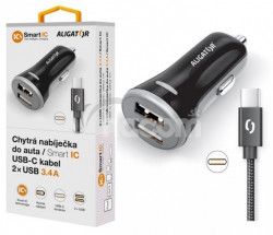 ALIGATOR Chytr nabjaka do auta 3.4A, 2xUSB, smart IC, ierna, USB-C kbel CHS0008