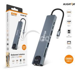 Aligator Dokovacia stanica USB-C/Hub 8v1 (USB-C/2xUSB/SD/MicroSD/HDTV/RJ45) AHUB001